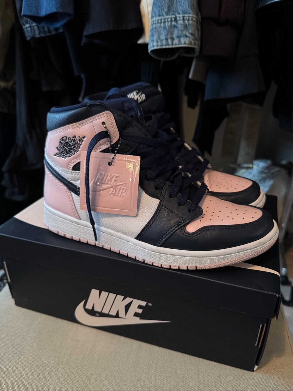 Nike Air Jordan 1 High Pink & Navy Leather Sneakers
